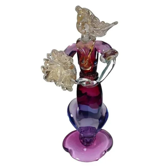 Vintage XL Murano Glass Woman Flower Bouquet Figurine Green Purple Pink 24k Gold - Picture 5 of 14